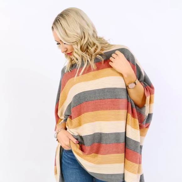 Cozy Stripe Cowl Neck Poncho - Picture 2 of 7